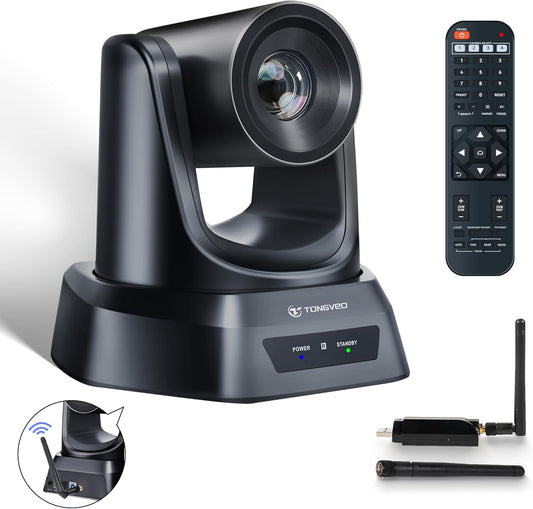 TONGVEO Draadloze conferentieruimte-webcam, 20 x USB 1080p 60 fps PTZ-camera voor live streaming in kerken, erediensten, online conferenties, compatibel met zoom, OBS