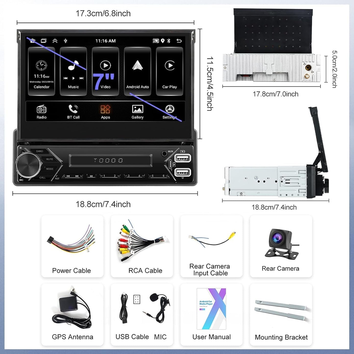 Android-autoradio 13 2G + 64G 1 Din met Wireless Carplay Android Auto, 7 inch flip-out touchscreen Bluetooth autoradio met Mirror Link WiFi GPS SWC FM RDS USB + achteruitrijcamera + MIC