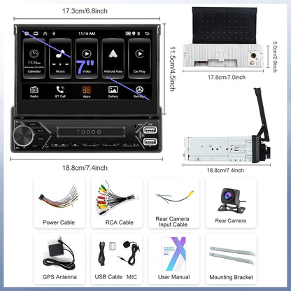 Android-autoradio 13 2G + 64G 1 Din met Wireless Carplay Android Auto, 7 inch flip-out touchscreen Bluetooth autoradio met Mirror Link WiFi GPS SWC FM RDS USB + achteruitrijcamera + MIC