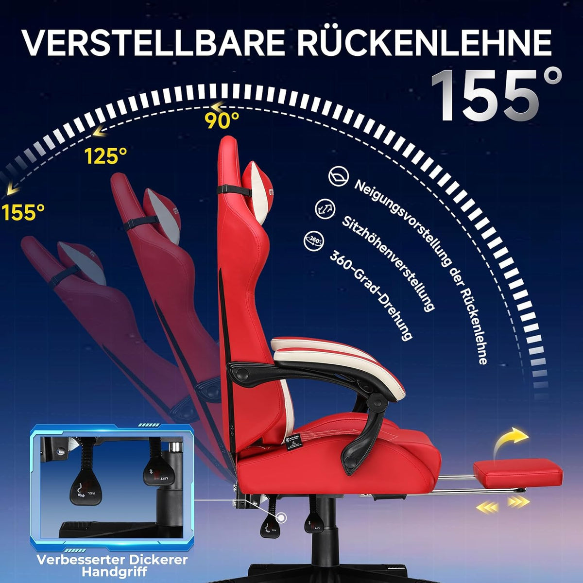 GTPLAYER Ergonomic Faux Leather Gaming Chair with Lumbar Support Computer Chair with Extended Backrest, Supports up to 150 kg, Red - QUORE