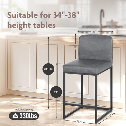 ALPHA HOME Bar Stool Set of 2 Bar Stools with Backrest, PU Leather, Kitchen Stool, Bar Chair, Set of 2 with Footrest, for Countertop, Stable Metal Steel Frame, Grey