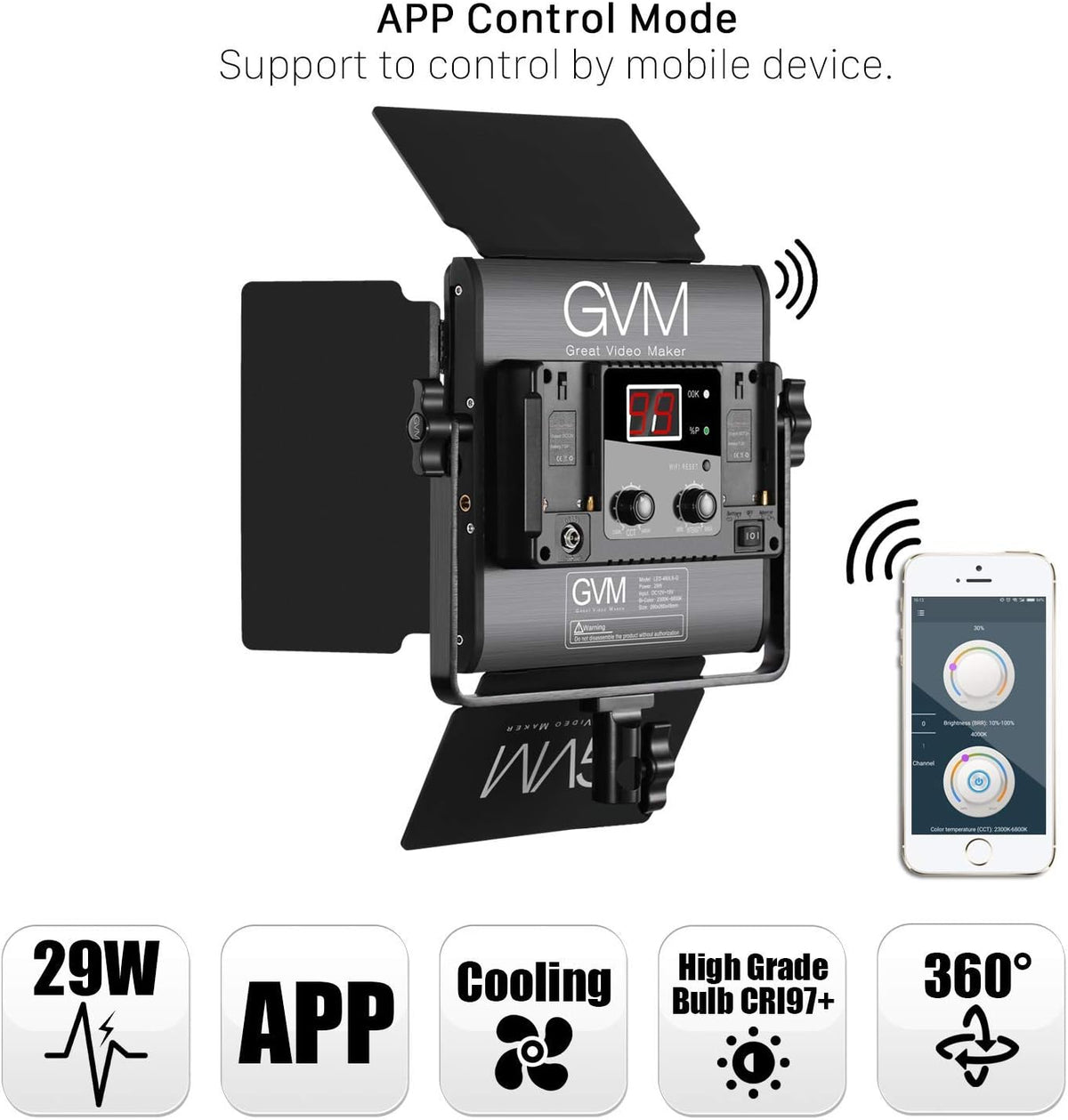 GVM 480 led-videolamp met statief, app-bediening, led-studiolamp, 13000 lux/0,5 m, tweekleurige temperatuur, 2300 K-6800 K, led fotografie, continu licht voor studio, video-opname, fotografie,