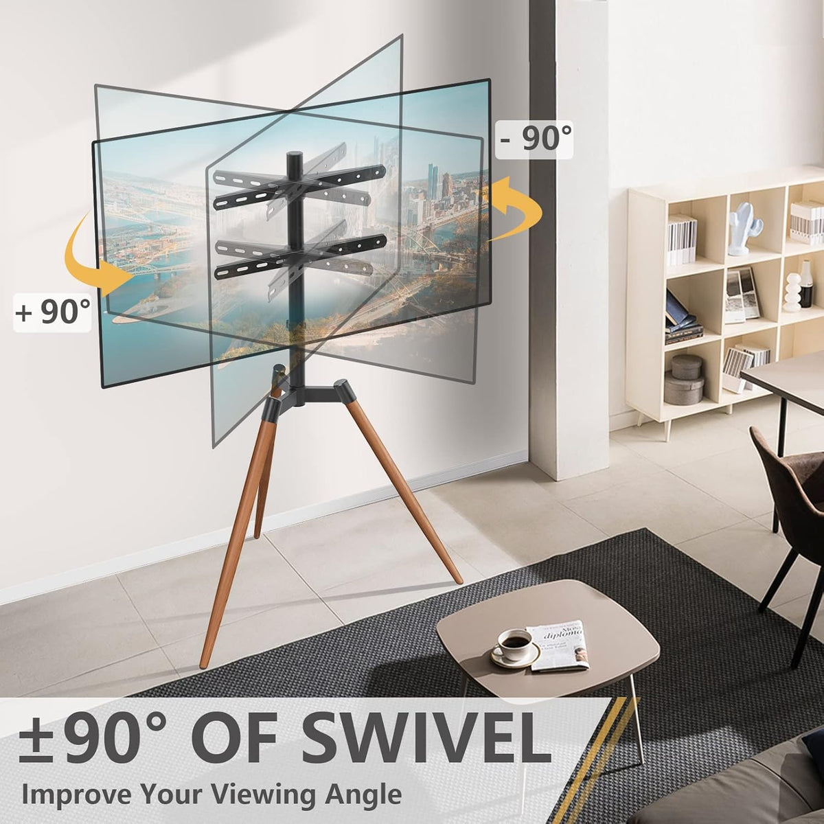 Tv vloerstandaard met statief – Bruin – Tv voet – Tv standaard – Televisiestandaard – Televisiestatief – Draaibaar en in hoogte verstelbaar – Geschikt voor 32 tot 65 inch en VESA 100x100 tot 400x400