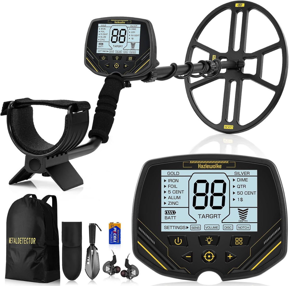 Metaaldetector Voor Volwassenen – Metaalzoeker – Schatzoeker – Detector – Bodemscanner – 14 Inch Waterdichte Dubbel-D Zoekspoel – Pinpoint-Functie En Achtergrondverlichting LCD-Scherm