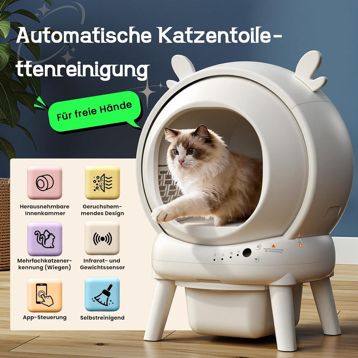 Zelfreinigende kattenbak, 65 liter, elektrische kattenbak met 9 veiligheidssensoren, 2,4 GHz app-bediening, automatische kattenbak, inklembeveiliging, veilige kattenbak, automatisch voor meerdere