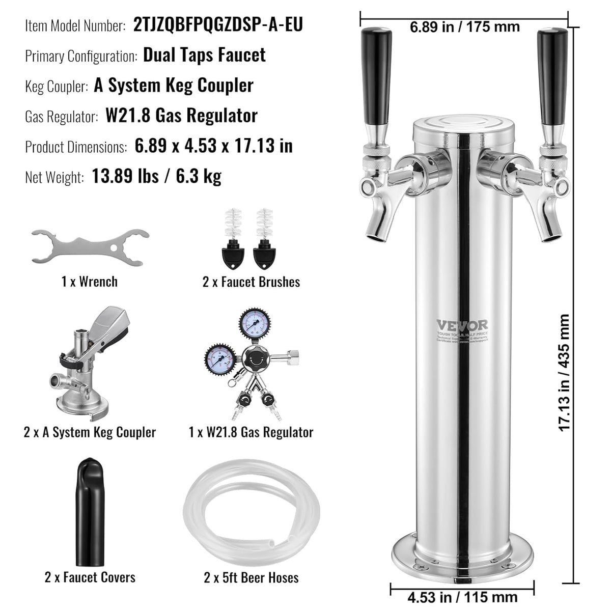 VEVOR Kegerator-toren-kit, bierombouwset met twee tapkranen, biertorendispenser van roestvrij staal met dubbele meter W21.8-regelaar en A-systeem vatkoppeling, bier-druppelschaal voor feestjes thuis