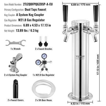 VEVOR Kegerator-toren-kit, bierombouwset met twee tapkranen, biertorendispenser van roestvrij staal met dubbele meter W21.8-regelaar en A-systeem vatkoppeling, bier-druppelschaal voor feestjes thuis