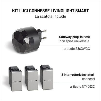 BTicino Livinglight Smart SNT3601KIT verlichtingsset voor het in- en uitschakelen van de lichten via app of met Alexa, Google en Siri, met 1 gateway plug-in zwart S36GWGC en 3 verbonden technische