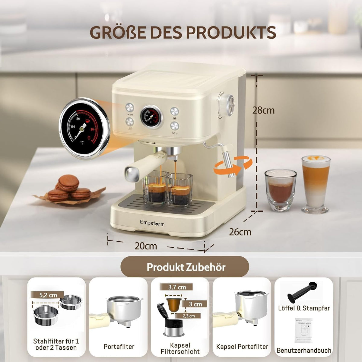 Empstorm Espresso Filtermachine met melkopschuimer, 20 bar, espressomachine met zeefhouder, 2-in-1 Expresso machine voor poeder en capsules, 1,5 l waterreservoir, zeefhouder, koffiezetapparaat, wit