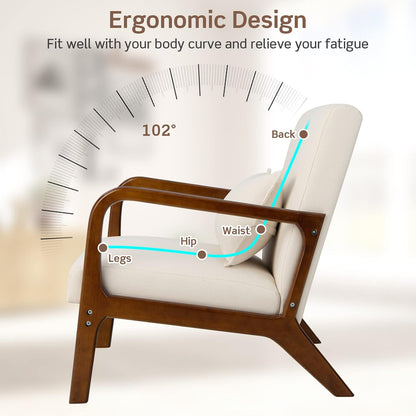 FANTASK Fauteuil, moderne eenpersoonsbank van hout met armleuningen, loungestoel bekleed voor woonkamer, slaapkamer, 65 x 79 x 77 cm, beige