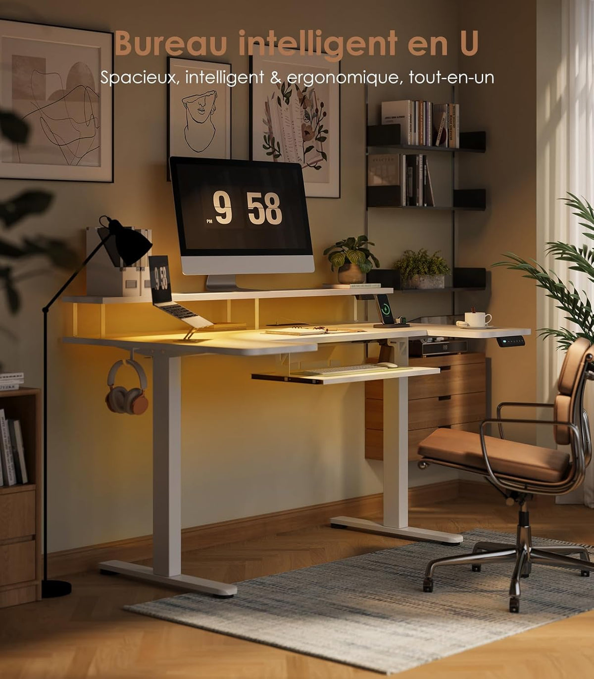 OffiGo Desk, Sitting, Standing, U-Shape, 140 cm, Electric Desk with Monitor Stand, Sockets and USB Port, Standing Desk with LED, Height Adjustable Gaming Table, White - QUORE