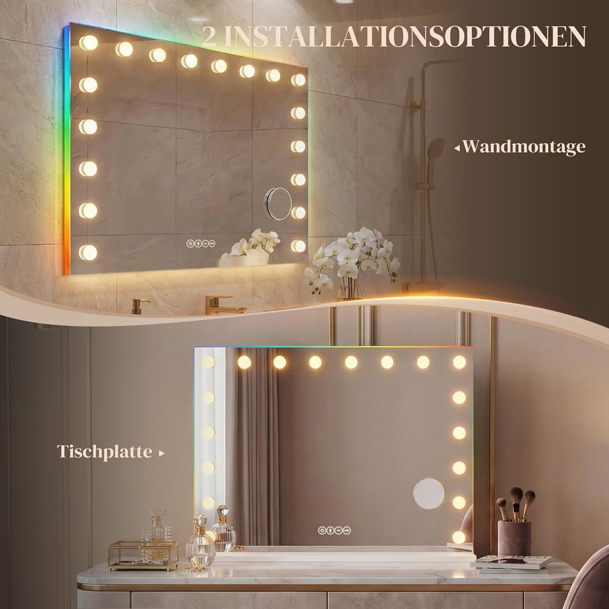 Make-up Spiegel – Hollywood Spiegel – Verlichte Spiegel – LED Spiegel – Make-up Vanity Spiegel – 80x60 cm – 18 Dimbare LED-Lampen – 10x Vergroting