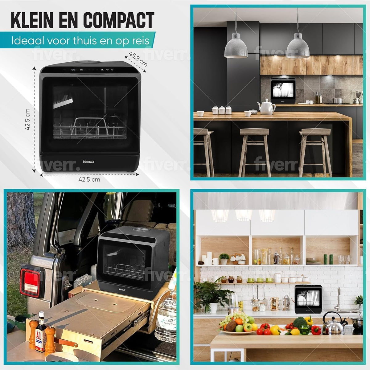 Black Portable Countertop Dishwasher with App Control - 900W 5 Washing Programs - Compact Mini Dishwasher for Apartments, Stainless Steel & Small Kitchens, No Hookup Needed – 42.5 x 43 x 45.7