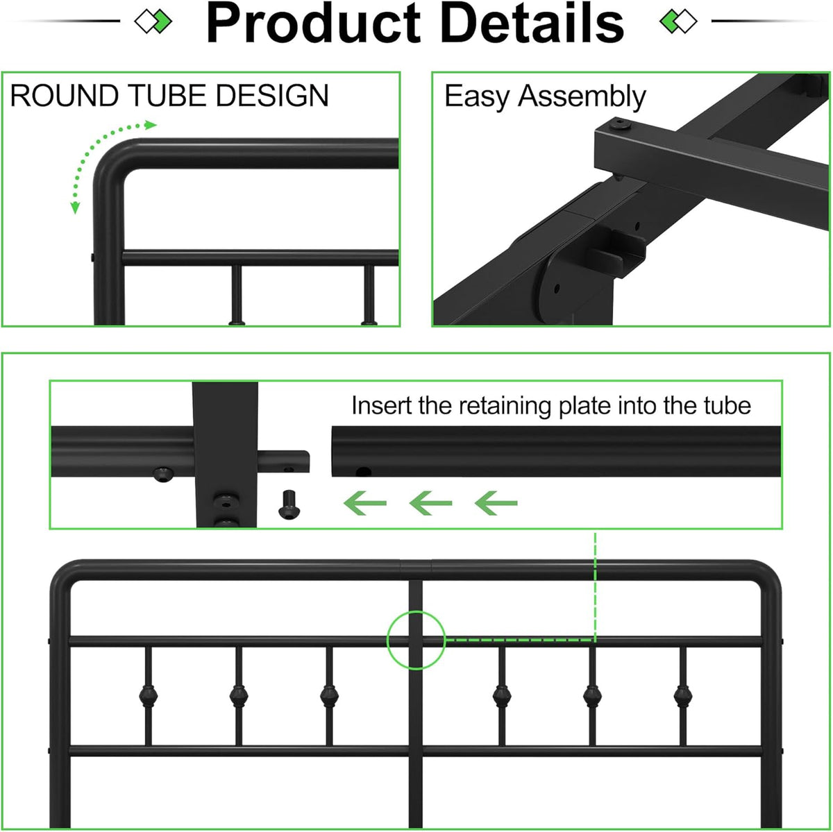 EMODA Metalen Bedframe 160 x 200 cm met Hoofdeinde en Voetenbord, Heavy Duty Bedframe 46 cm hoog met stalen lattenbodem, Eenvoudige montage, Geluidsvrij, Zwart
