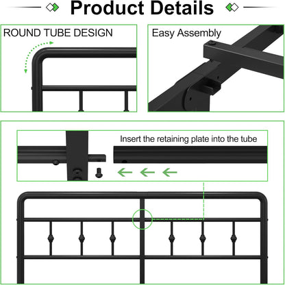 EMODA Metalen Bedframe 160 x 200 cm met Hoofdeinde en Voetenbord, Heavy Duty Bedframe 46 cm hoog met stalen lattenbodem, Eenvoudige montage, Geluidsvrij, Zwart