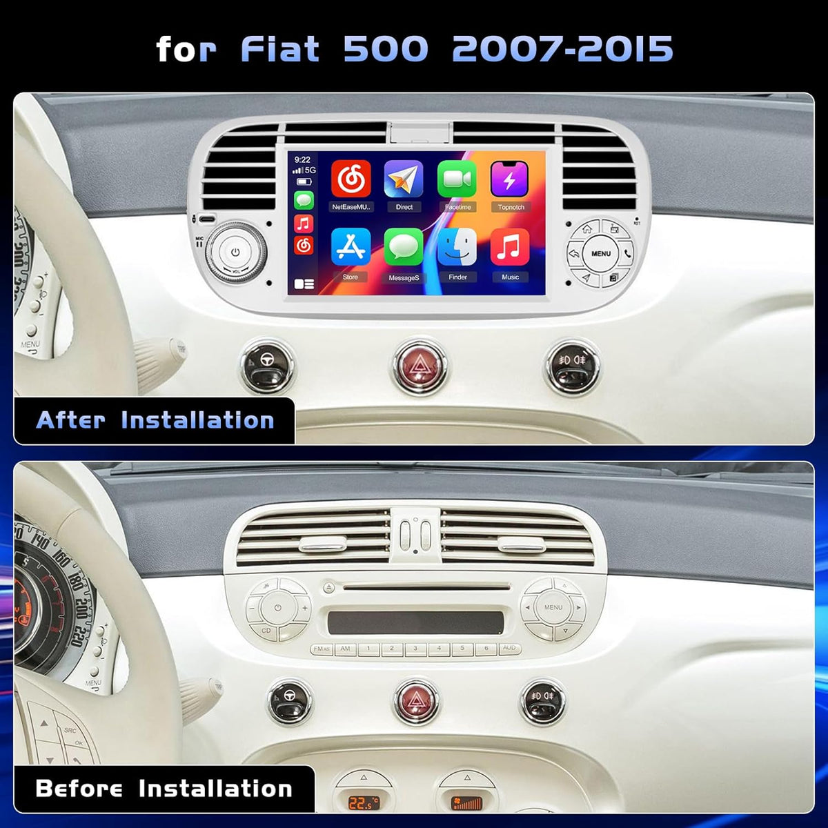 Hikity - Android autoradio met 7 inch scherm voor FIAT 500 2007-2015 autoradio met navigatie Bluetooth handsfree systeem touch display autoradio met WiFi/RDS/FM/USB/Spiegel/Canbus (wit)