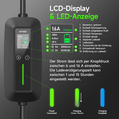 6M EV Oplader Type 2 3,68 kW 6-16A, elektrische auto type 2 Schuko, EV draagbare oplader voor elektrische auto,EV-laders met regelbaar digitaal display voor elektrische auto's