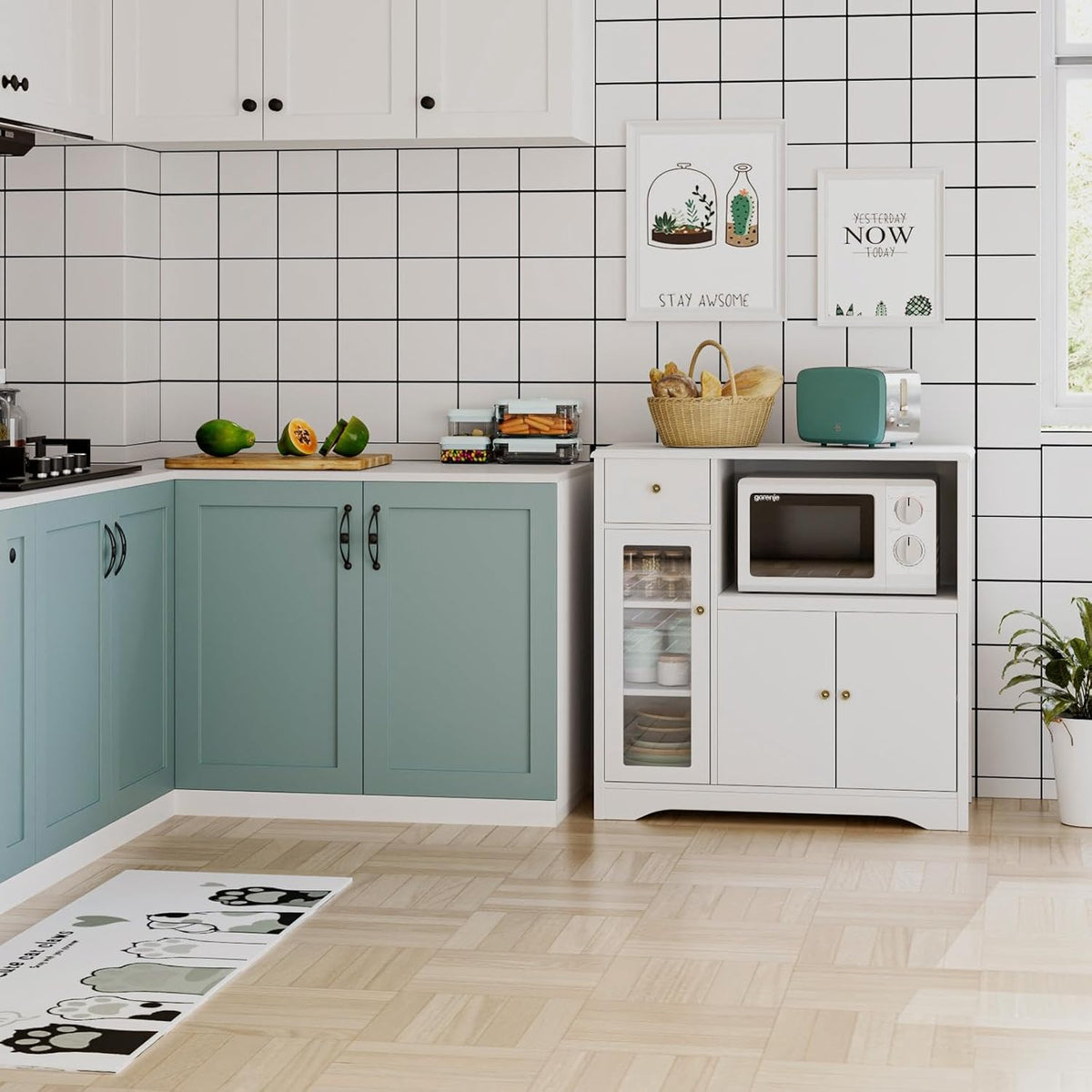 HOCSOK Sideboard, Kitchen Cabinet with Microwave Rack, with Doors and Drawers, Storage Cabinet for Dining Room and Kitchen, 90 x 40 x 82 cm, White - QUORE