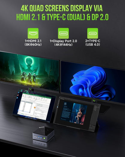 Mini Gaming PC GMKtec M7, Ryzen 7 Pro 6850H (8 cores/16 threads, tot 4,70 GHz) desktop-pc met dual LAN 2,5G quad-display, 32 GB DDR5 RAM, 512 GB PCIe SSD, Dual USB4, HDMI 2.1