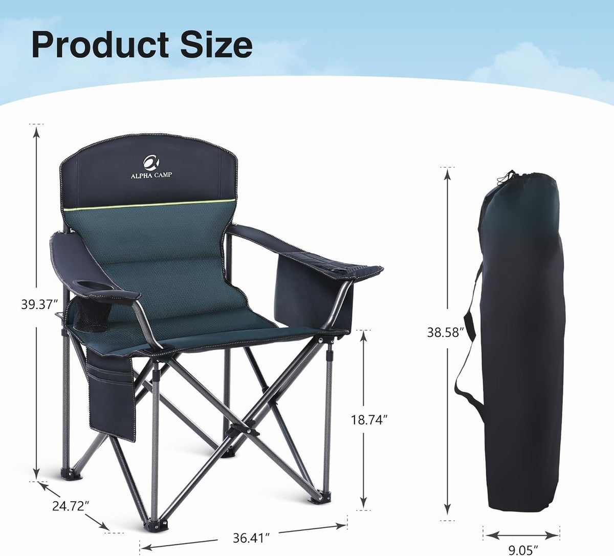 HIGH POINT SPORTS Opvouwbare campingstoel, zware extra grote draagbare buitenstoel, opvouwbare campingstoel met bekerhouder en koeltasondersteuning 204 kg, groen..