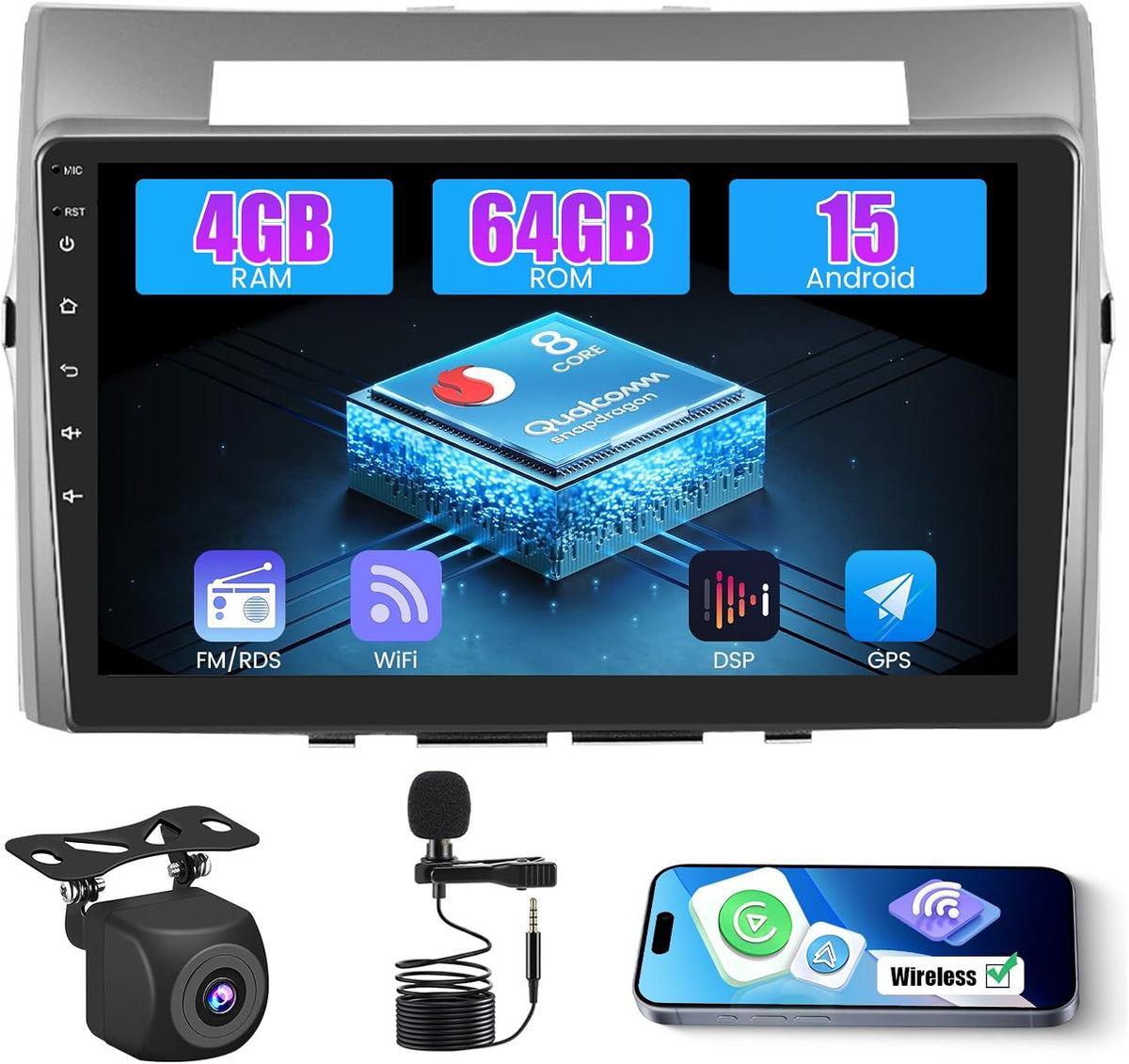 Inefala Android 15 Qualcomm 8 Core 4+64G Autoradio voor Toyota Corolla Verso AR10 2004-2009 met draadloze Carplay, 9'' touchscreen met Android Auto Mirror Link FM/RDS-radio GPS WIFI Bluetooth SWC