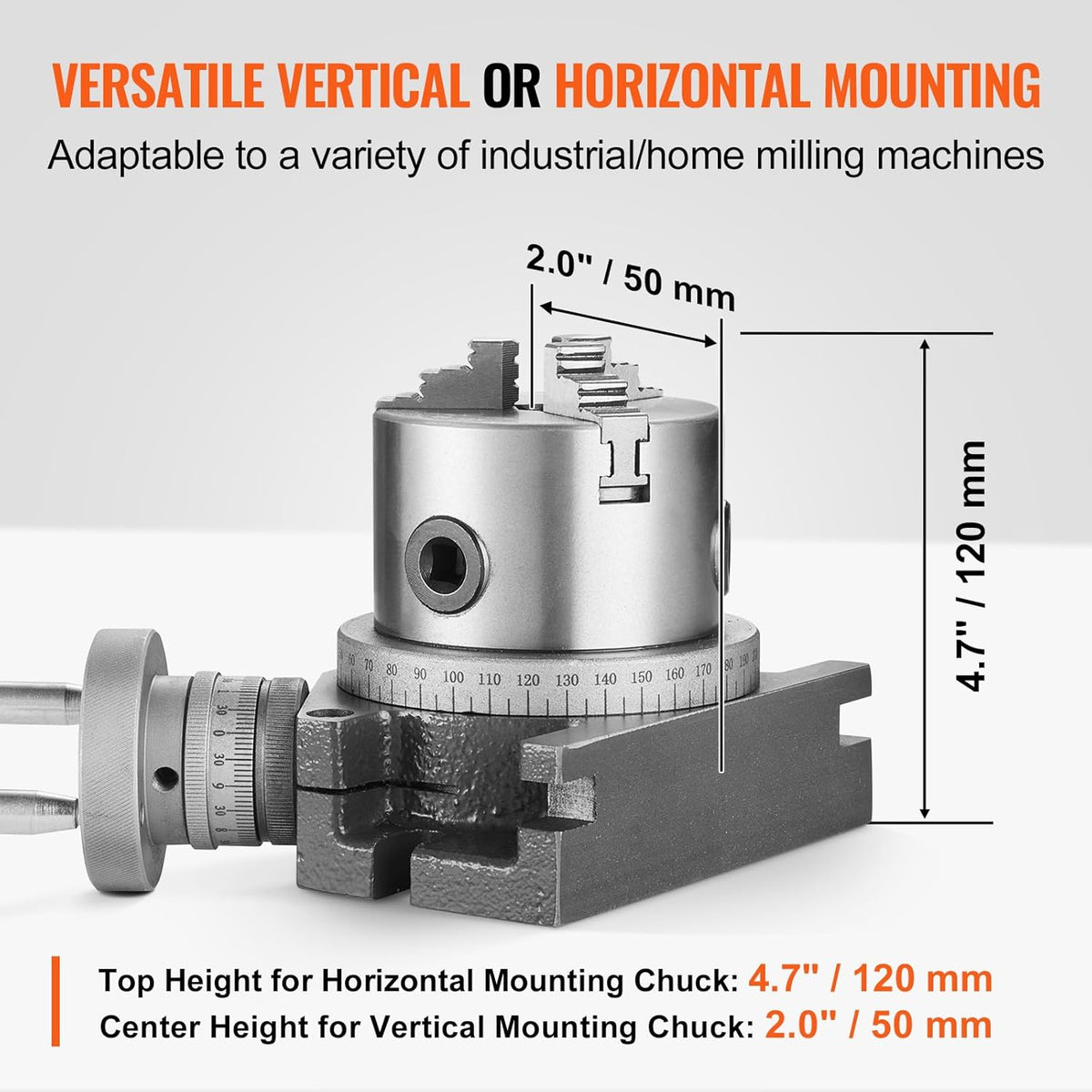 VEVOR Draaitafel voor freesmachines, 4''/ 100 mm, horizontaal verticaal model, precisie-frezen, draaitafel, met 3,1''/80 mm 3-klauwkop M10 T-bouten, voor freestechniek, indexeergereedschap