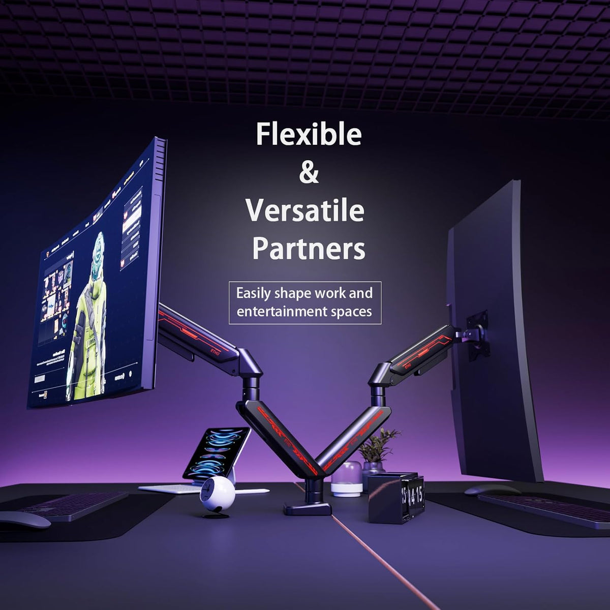 ETHU Dual Monitor houder, bureauhouder voor 13-32 inch monitoren (2-9 kg), in hoogte verstelbaar met kantelbaar, draaibaar, draaibaar, gasveer, beeldschermhouder, 2 monitoren VESA 75 & 100 (zwart)