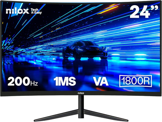 Nilox NXM24CRV2001 24 inch gebogen monitor, Full HD, 200 Hz gaming-display, computermonitor met VESA-ondersteuning 75 x 75 mm, VA-technologie, HDMI 2.1 en DP 1.4-aansluitingen