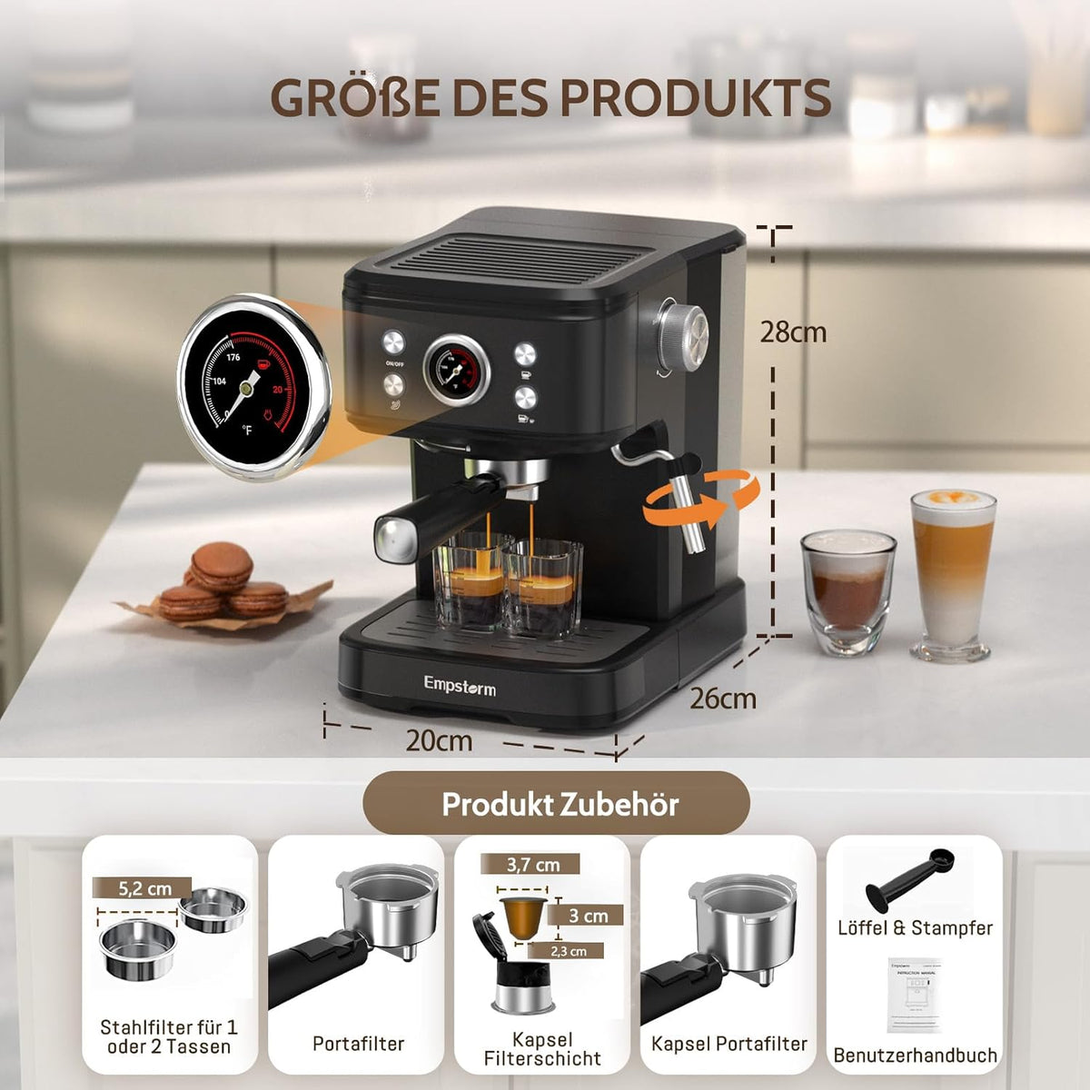 Empstorm Espressomachine, 20 bar, zeefvoermachine met melkstoomstaaf, 2-in-1 functie voor koffiecapsules en gemalen koffie, latte en cappuccinomachine, perfect voor thuis