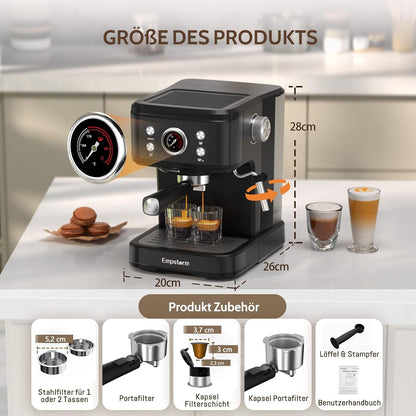 Empstorm Espressomachine, 20 bar, zeefvoermachine met melkstoomstaaf, 2-in-1 functie voor koffiecapsules en gemalen koffie, latte en cappuccinomachine, perfect voor thuis