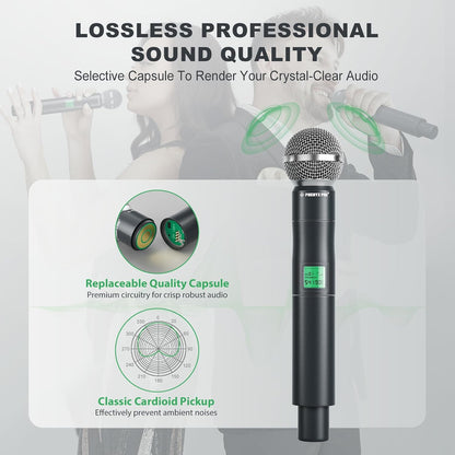 Phenyx Pro Draadloos microfoonsysteem, 4-kanaals UHF draadloze microfoonset met vier handmicrofoons, volledig metalen constructie, vaste frequentie, gebeurtenissen (PTU-5000A)
