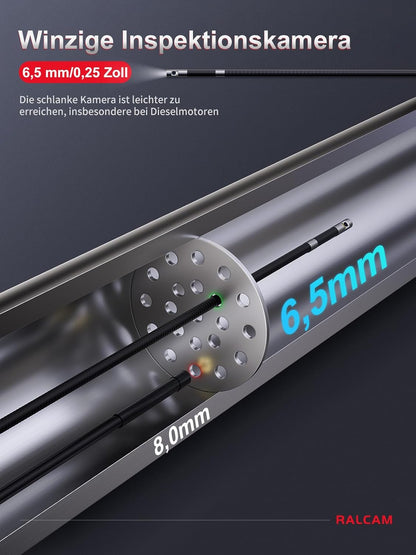 Ralcam Endoscoopcamera met licht, endoscoopcamera met 180° beweegbare kop, 6,5 mm dual-sonde, 5 inch HD-display, inspectiecamera, IP67 waterdicht, buiscamera met 1,5 m halfstijve kabel en 6 + 1 leds