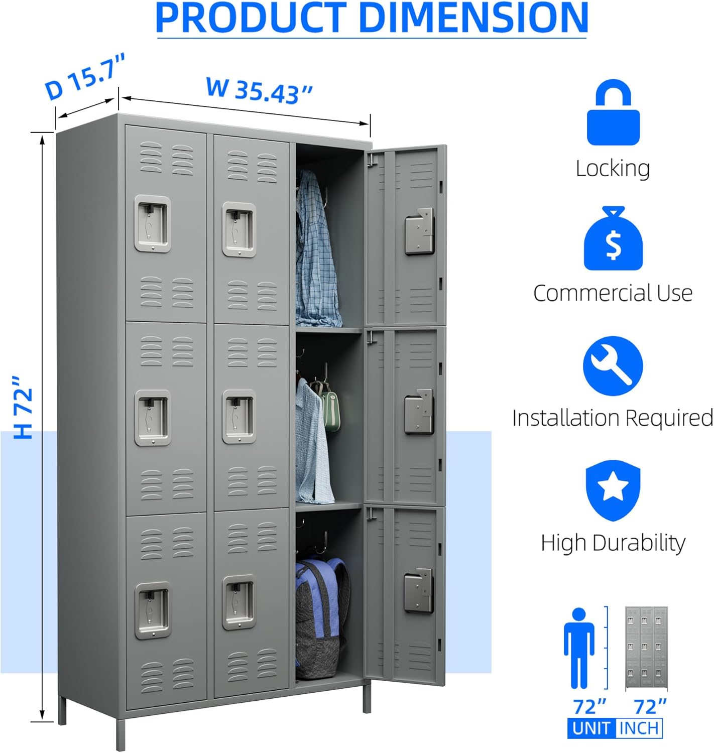 Closet, Metal with 9 Compartments, Metal Wardrobe with Ventilation Slots for Employees, Gym, School, Office (Light Grey) - QUORE