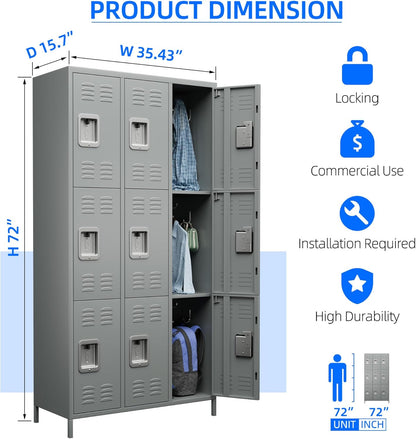 Closet, Metal with 9 Compartments, Metal Wardrobe with Ventilation Slots for Employees, Gym, School, Office (Light Grey) - QUORE