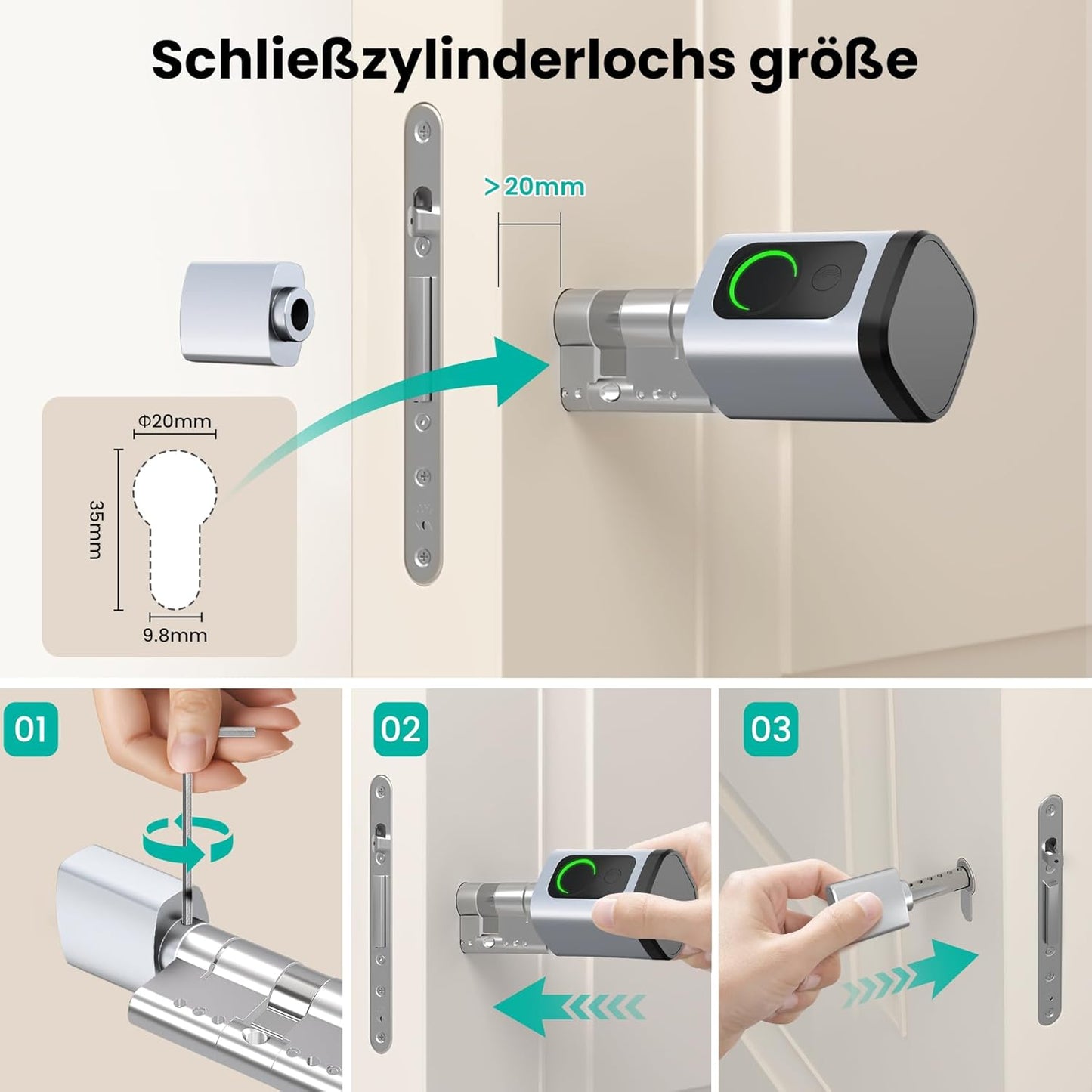 AVATTO Smart deurslot met vingerafdruk en wachtwoord voor 60-90 mm deur, lengte van de sluitcilinder is instelbaar, met sleutel, IC-kaart, ondersteunt Smart Life App afstandsbediening