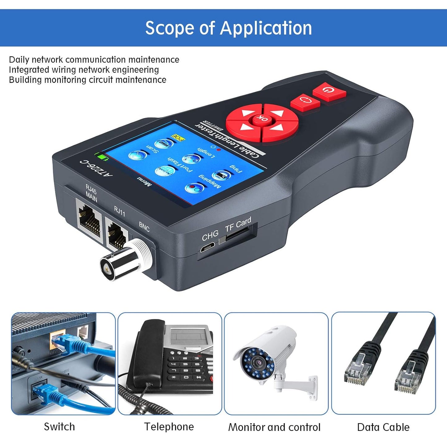 Netwerkkabeltester AT226-C met lcd-display, kabeltester Rj45, RJ11, BNC, PING/POE elektrische kabelplotter 8 telefoonlijn-ID NF-8601W
