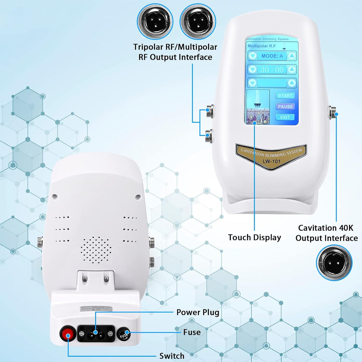 40K Afslankend Lichaam Machine – 3-In-1 Cavitatieapparaat – Ultrasoon Massageapparaat – RF Radiofrequentie Apparaat – Huidverstevigingsapparaat – 40K Ultrasone Technologie – 3 Opzetstukken En 4 Standen