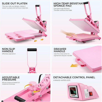 Schuifregelaar voor T-shirts, transferpers, industriële digitale sublimatiemachine voor sublimatie op T-shirts voor doe-het-zelf sublimatie (roze)
