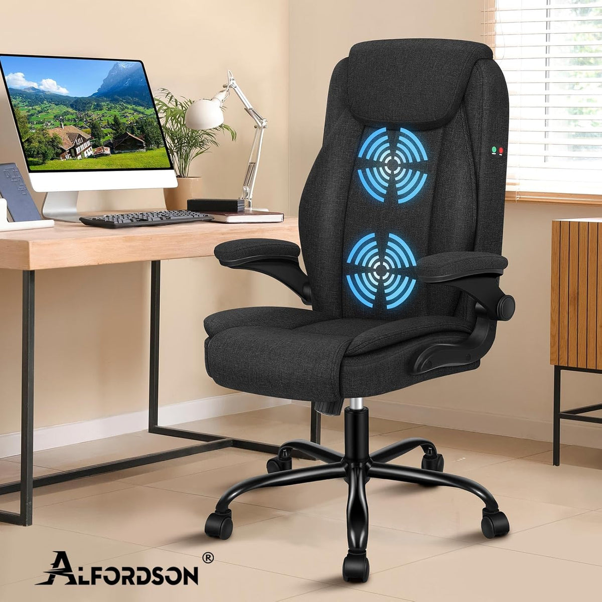 ALFORDSON Massage Bureaustoel, Ergonomische Computerstoel met Armleuning, Stoffen Bureaustoel, Draagvermogen 150 kg, Rugleuning 90-135°, In Hoogte Verstelbaar, Zwart