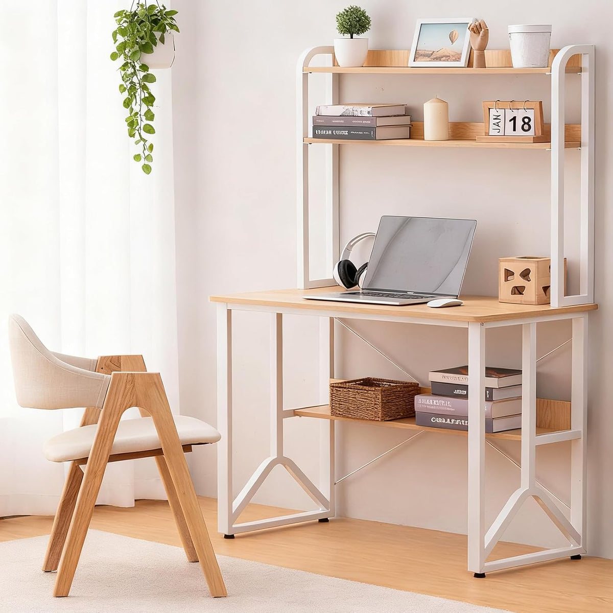 Modern bureau, 100 x 50 cm, eikenstijl, planken met dubbele niveaus, anti-val en stabiliserende Y-structuur, studentenbureau met veilige rand