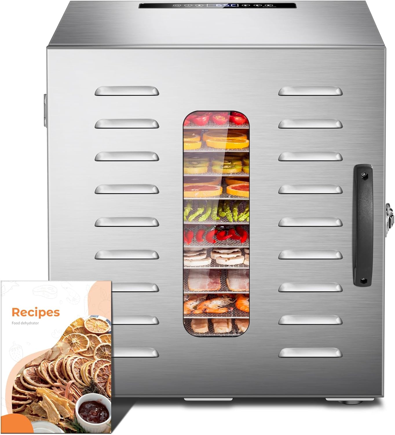 Kwasyo Voedseldroger, BPA-vrij, 30 ~ 90 ℃ temperatuurinstelling, max. 24 uur, fruitdroger met gratis receptenboek, droogautomaat voor fruit, groenten, vlees en chili-1000W