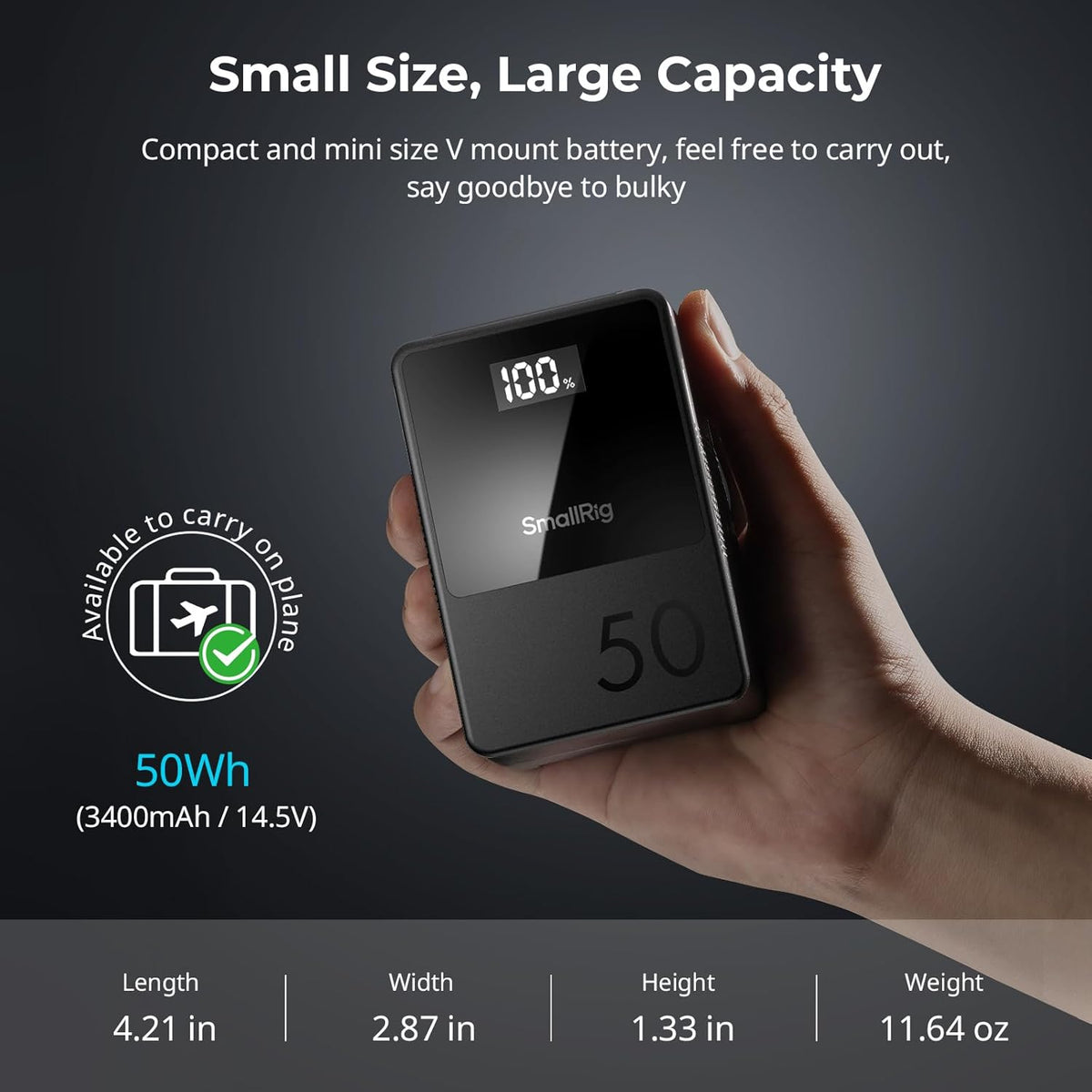 SMALLRIG V Mount Battery VB50, 50Wh / 3400mAh V-Mount Battery with PD 45W USB-C Fast Charging, with D-TAP, USB-A, Dual DC Ports, OLED Screen, for DSLR Camera, Camcorder, Monitor, Phone, Black - 3579B