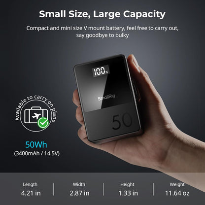 SMALLRIG V Mount Battery VB50, 50Wh / 3400mAh V-Mount Battery with PD 45W USB-C Fast Charging, with D-TAP, USB-A, Dual DC Ports, OLED Screen, for DSLR Camera, Camcorder, Monitor, Phone, Black - 3579B