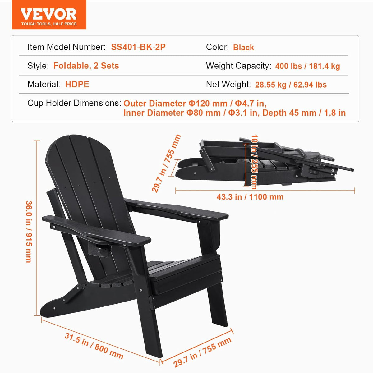 VEVOR Adirondack Stoelen van kunststof, set van 2, inklapbaar, draagbaar, weerbestendig, voor terras, met bekerhouder, ergonomische ontspanningsarmleuning, voor tuin en binnenplaats, zwart