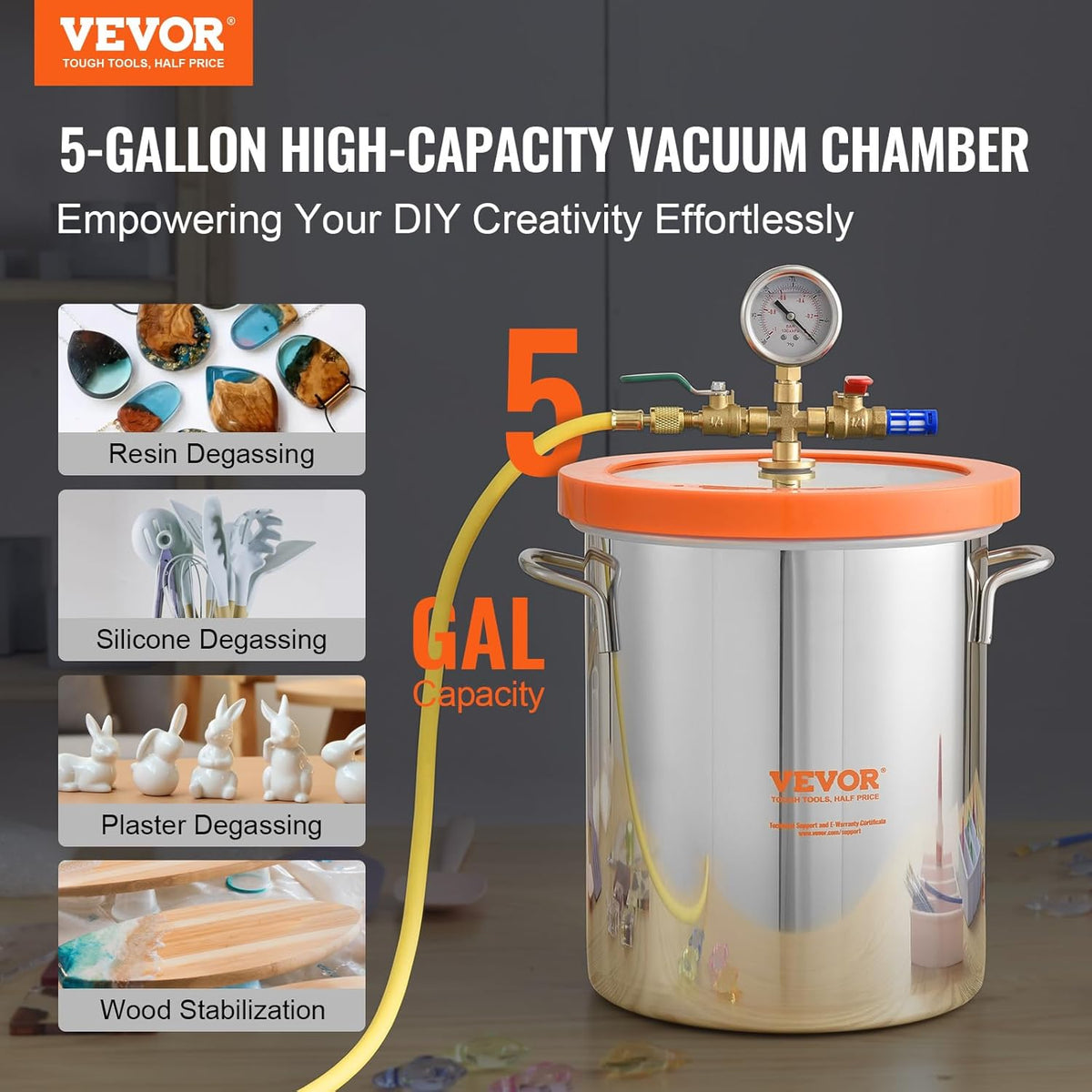 VEVOR Vacuümkamer 5 gal 19 l container voor vacuümpomp deksel gehard glas ontgassing kamer 304 roestvrij staal vacuümcontainer voor houtstabilisatie ontgasser siliconen hars
