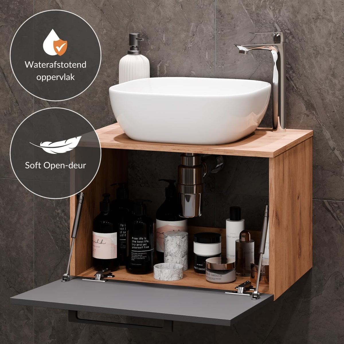Planetmöbel Astra Bathroom Cabinet Set with Basin Cabinet 60 cm, 2 Midi Cabinets, Gold Oak Anthracite, Sink with Top Edge 42 cm White - QUORE