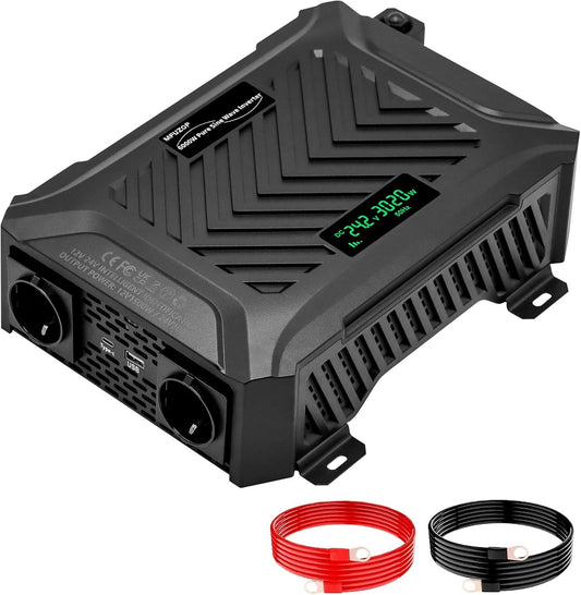 Power Inverter 12V/24V 220/230/240V Zuivere Sinus – Omvormer – Spanningsomvormer – Converter – Inverter – Intelligent Detectiesysteem 12V/24V – 1500W/3000W, 2 AC-Stopcontacten, Type C, USB-Poort, LCD-Display