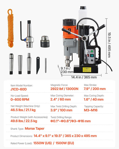 VEVOR Magnetic Drill 1550 W, Drill Diameter 60 mm, Power 13000 N, Stroke Max 200 mm, with Morse Gel, Adjustable Speed, Column Drill for Metal Surfaces, DIY