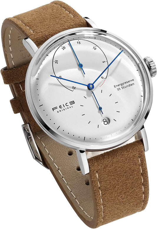 FEICE FM202 Automatisch herenhorloge met gebogen mineraalglas, klassiek horloge, mechanisch horloge, Bruin leder, Minimalist