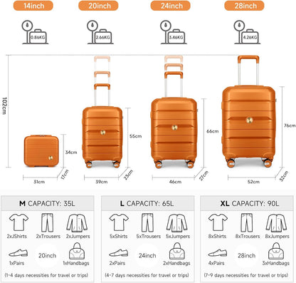 Sea choice Kofferset 4st Handbagage Trolley Koffer met Beautycase Harde Schaal Polypropyleen Reiskoffer TSA slot 4 dubbele Wielen S-M-L-XL (Kofferset 3(Uitbreidbaar), Zonsondergang Goud)